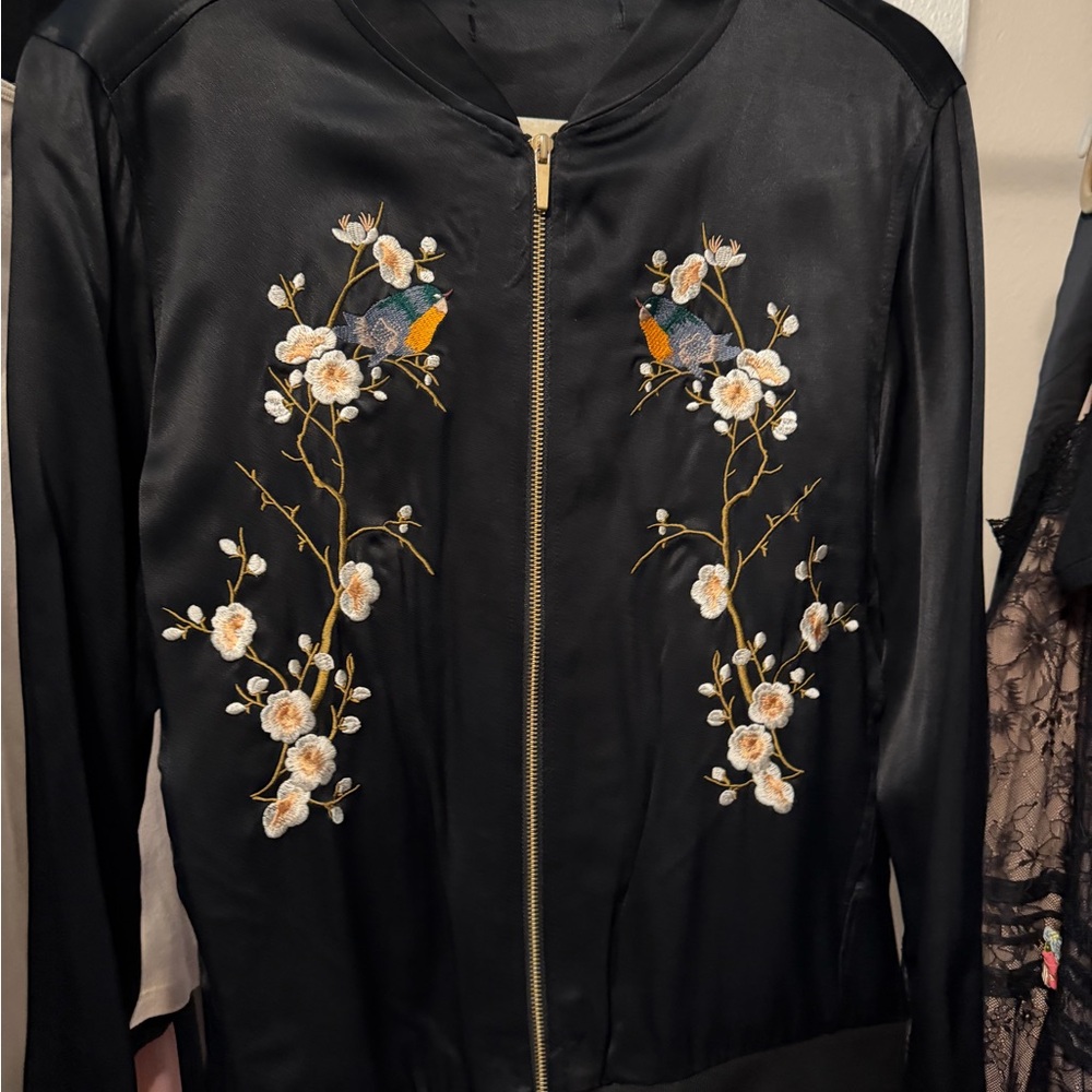 Floral Embroidered Black Satin Bomber Jacket (comfortable medium)